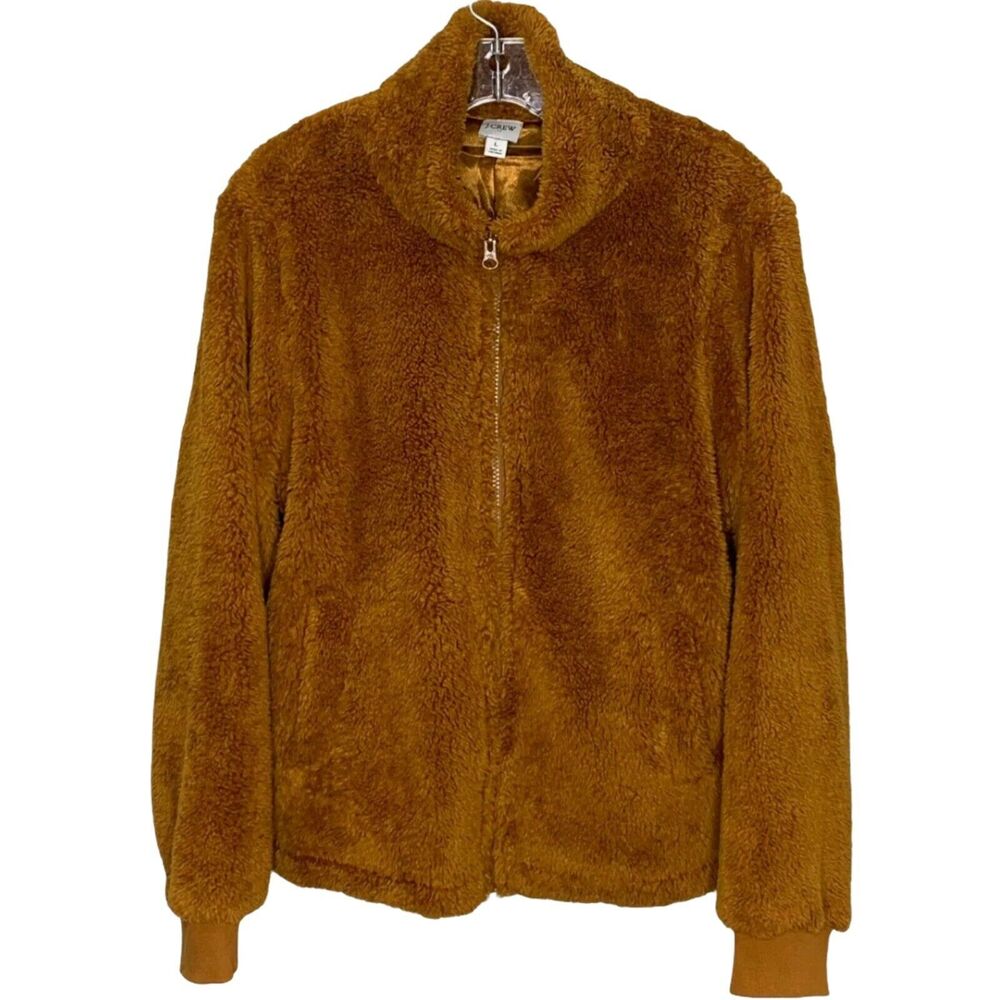 J. Crew Women's Jacket Fleece‎ Sherpa Funnel Neck Teddy Brown Cozy Soft Zip Up L